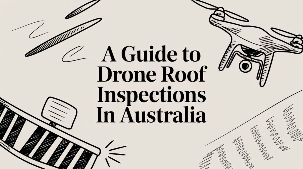 Poster titled 'A Guide to Drone Roof Inspections In Australia' with hand-drawn drone and roof sketches in a sketch style.