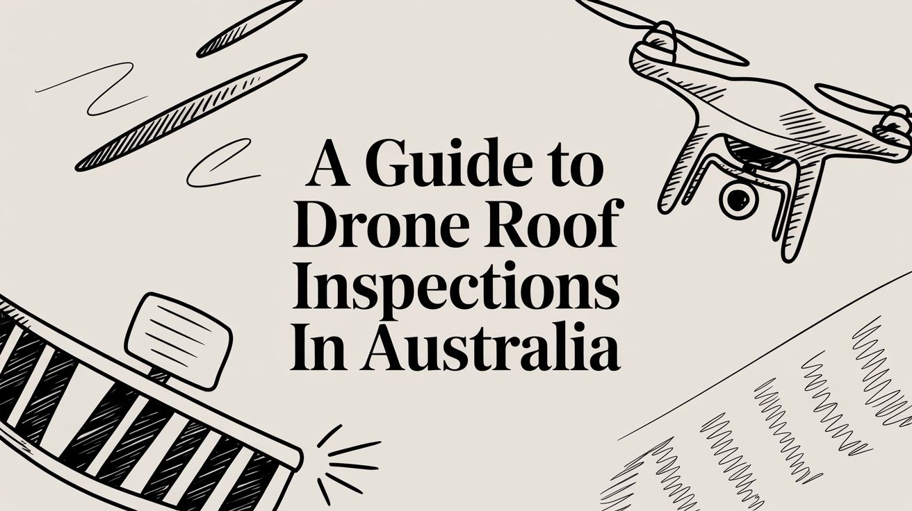 Poster titled 'A Guide to Drone Roof Inspections In Australia' with hand-drawn drone and roof sketches in a sketch style.