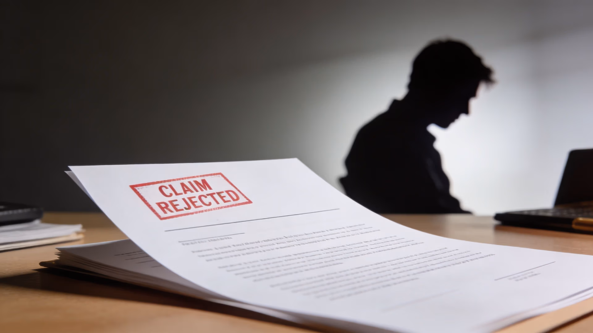 A document with a red CLAIM REJECTED stamp lies on a desk before a person in silhouette.