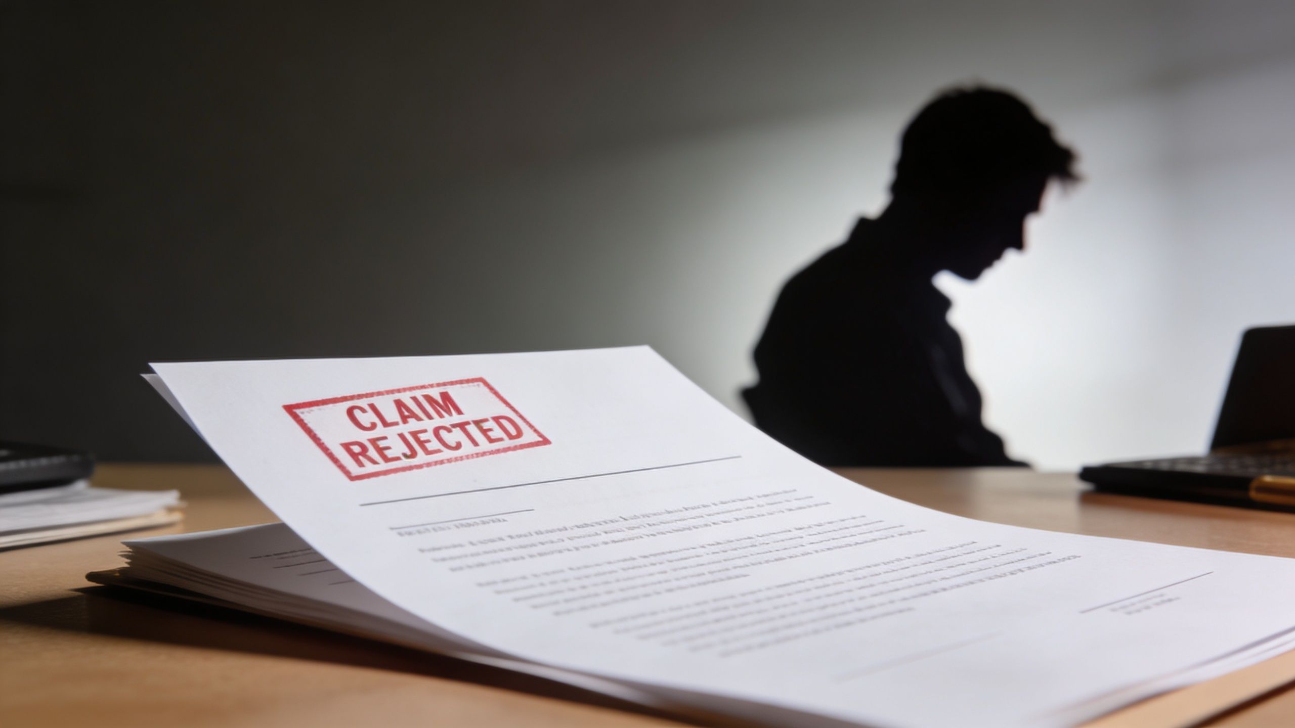A document with a red CLAIM REJECTED stamp lies on a desk before a person in silhouette.