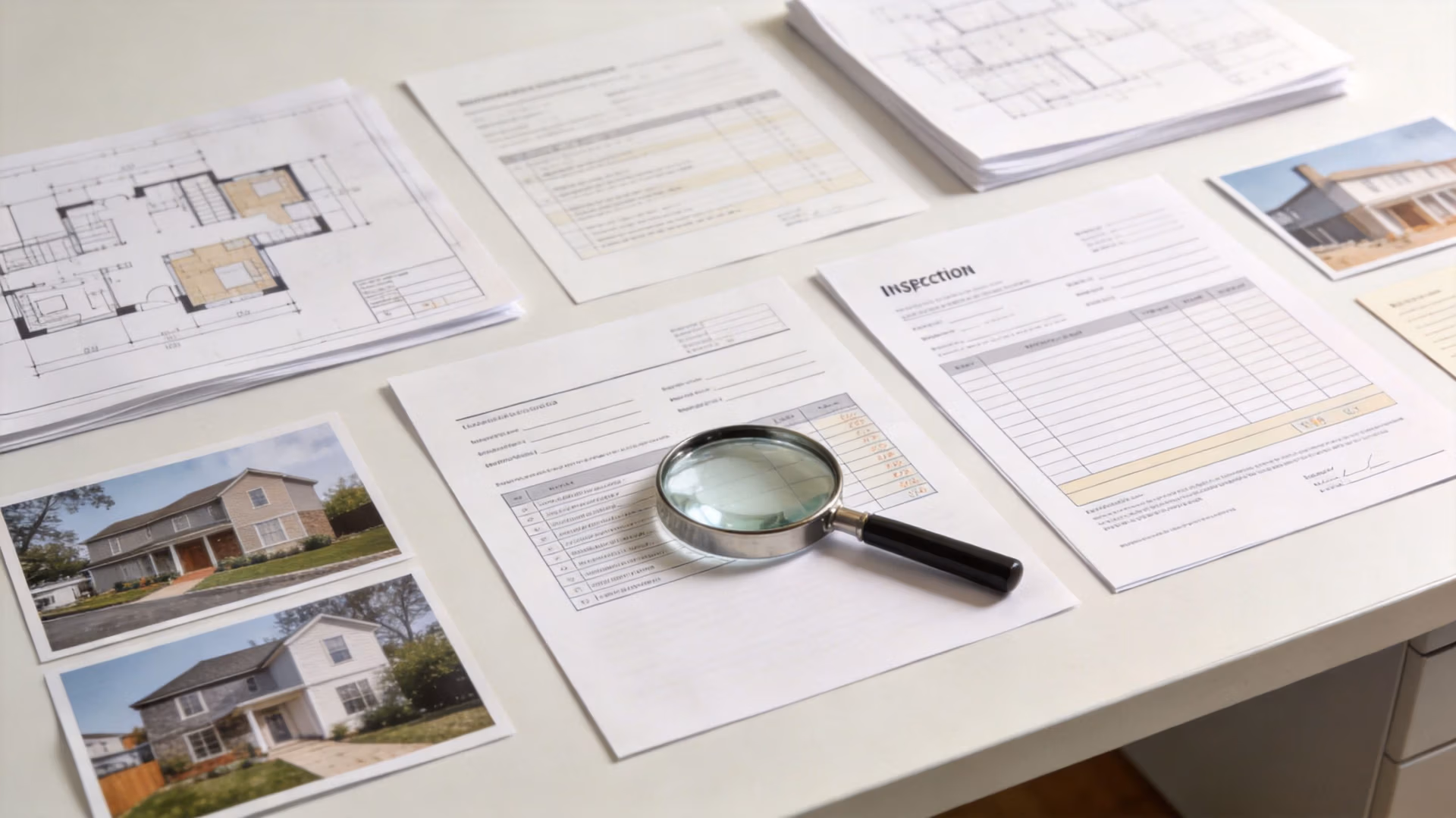 A magnifying glass resting on an inspection checklist surrounded by architectural blueprints and photos of residential homes.