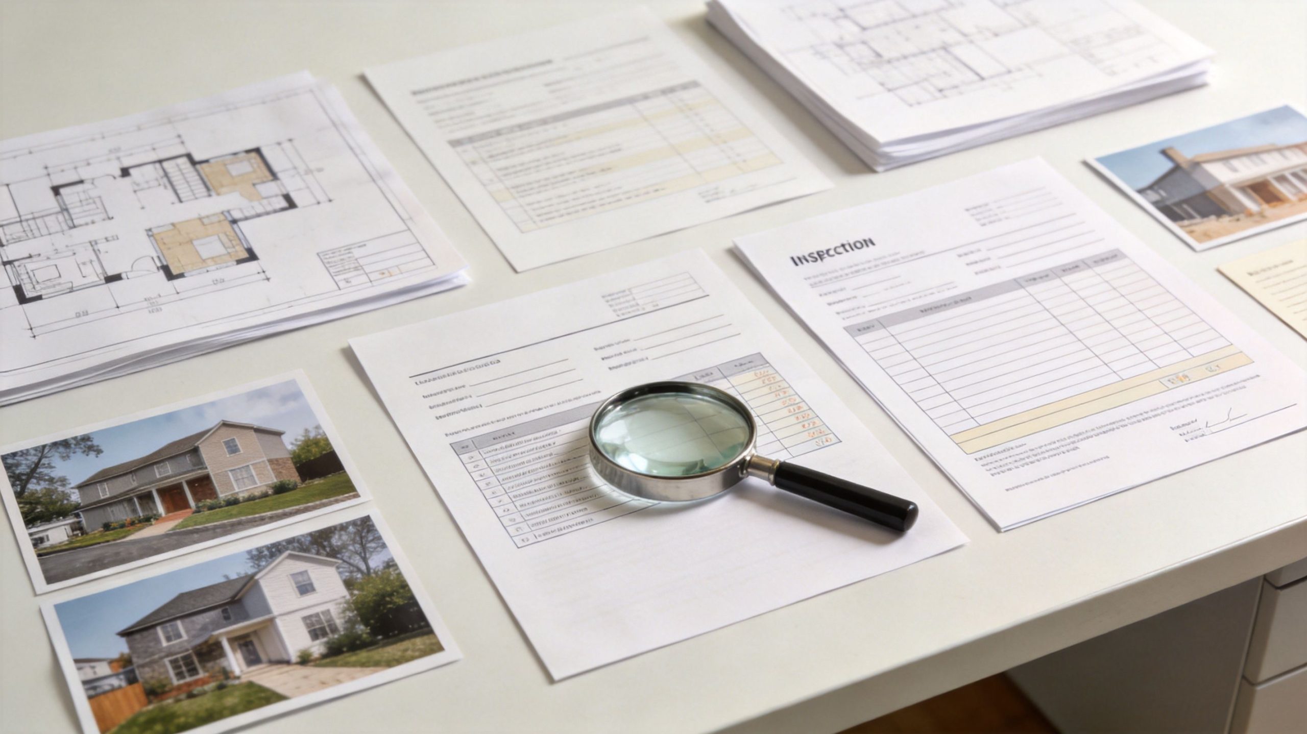 A magnifying glass resting on an inspection checklist surrounded by architectural blueprints and photos of residential homes.