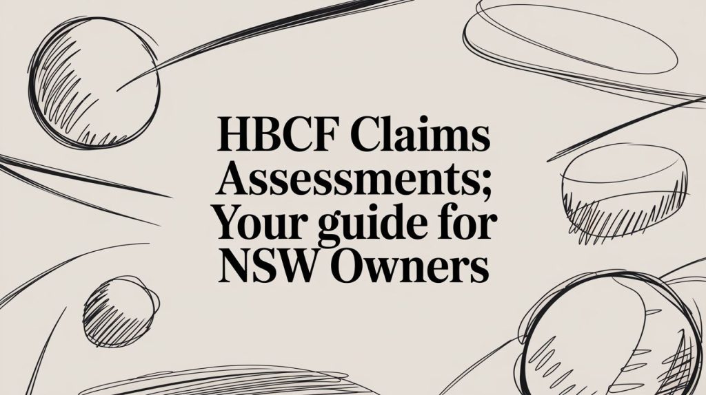 Banner with the headline 'HBCF Claims Assessments; Your guide for NSW Owners' and abstract circle doodles on a beige background.