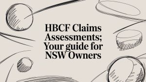 Banner with the headline 'HBCF Claims Assessments; Your guide for NSW Owners' and abstract circle doodles on a beige background.