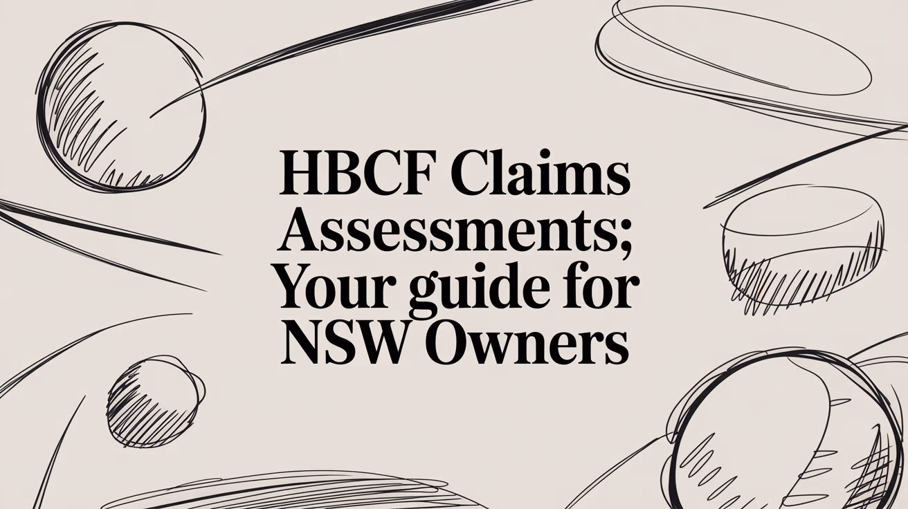 Banner with the headline 'HBCF Claims Assessments; Your guide for NSW Owners' and abstract circle doodles on a beige background.