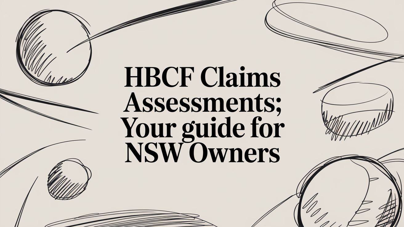 Banner with the headline 'HBCF Claims Assessments; Your guide for NSW Owners' and abstract circle doodles on a beige background.