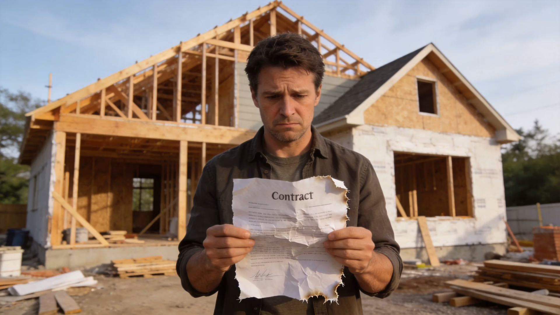 A concerned man holding a burnt and damaged contract in front of an unfinished wooden house frame.
