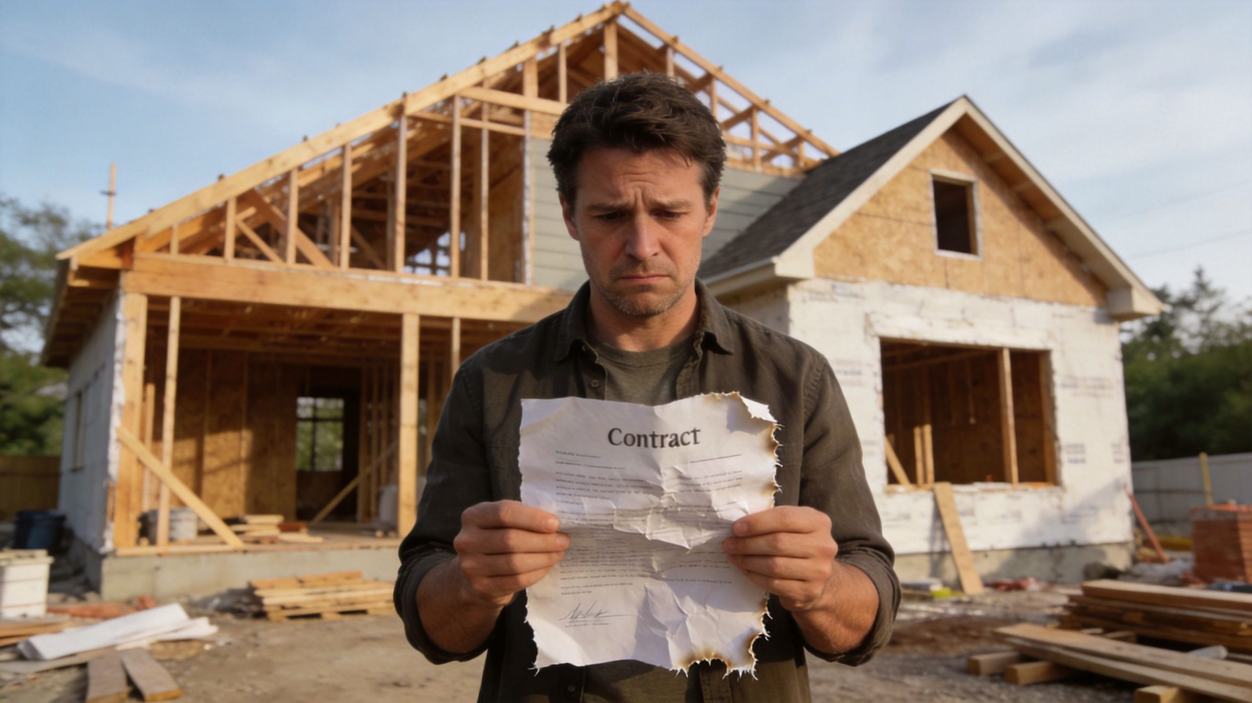 A concerned man holding a burnt and damaged contract in front of an unfinished wooden house frame.