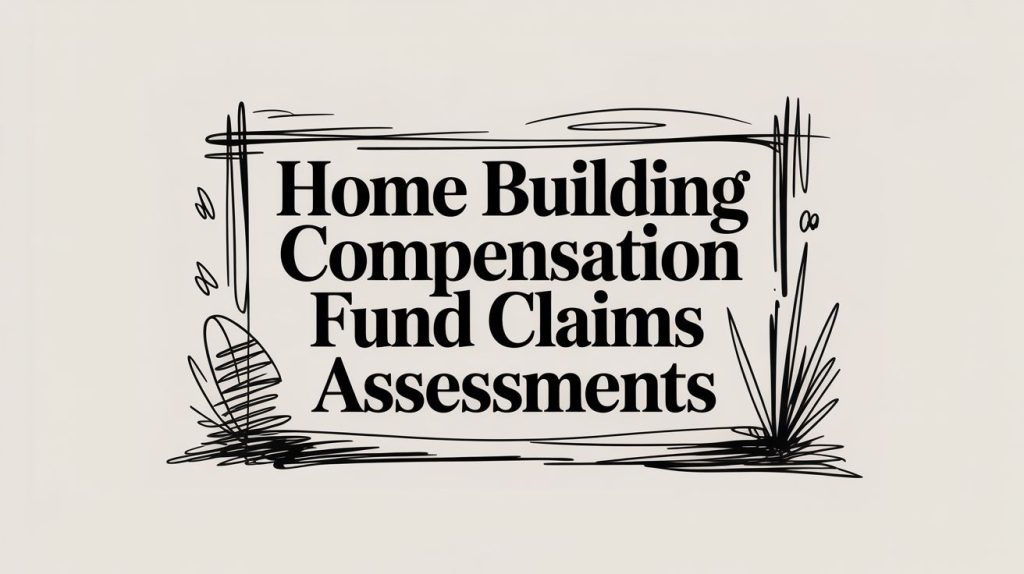 Banner-style graphic with a sketchy black frame reading 'Home Building Compensation Fund Claims Assessments'.