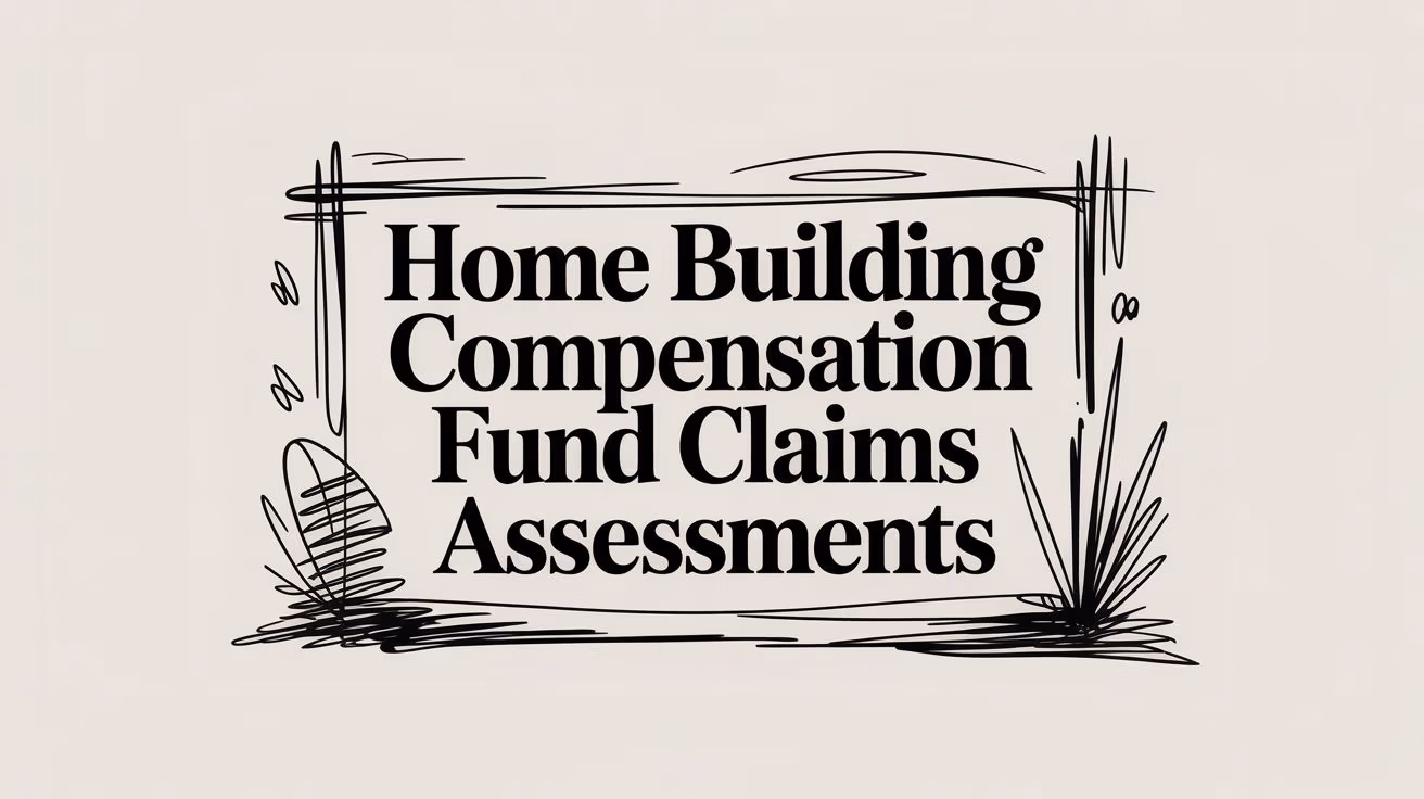 Banner-style graphic with a sketchy black frame reading 'Home Building Compensation Fund Claims Assessments'.