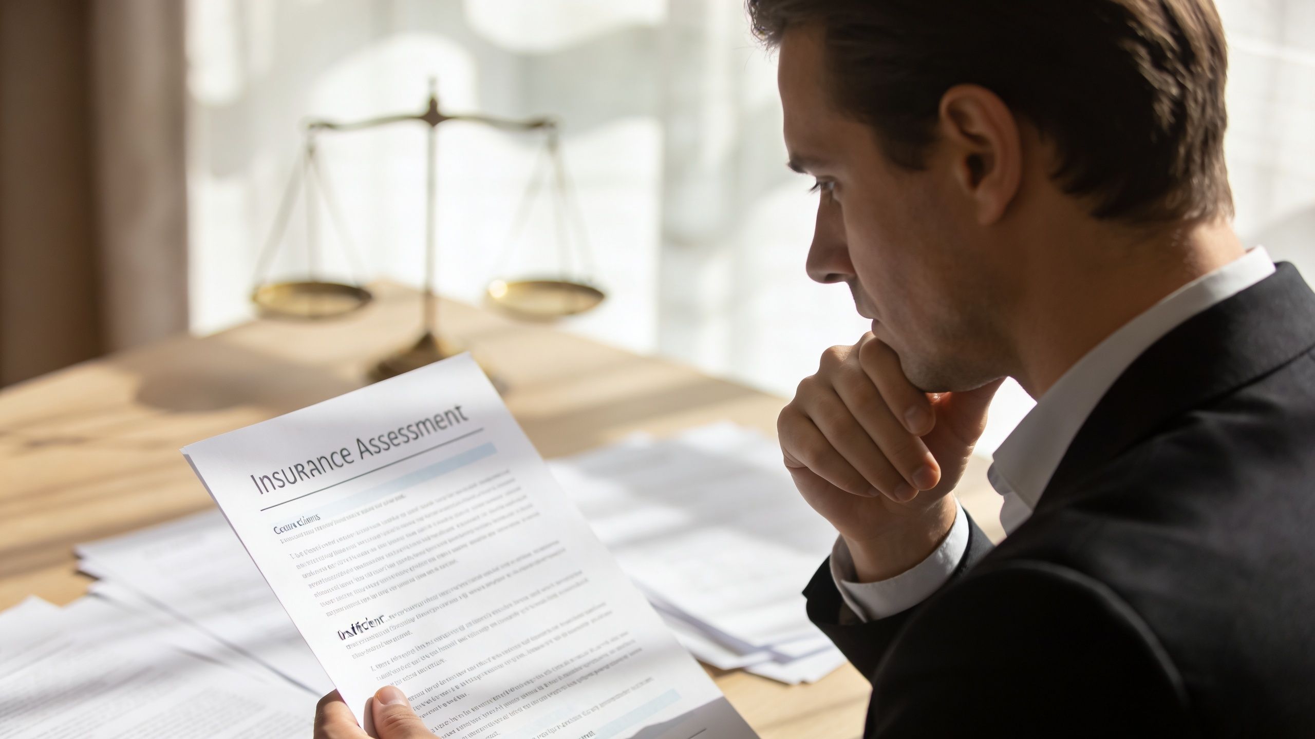 A professional man in a suit carefully reviewing insurance assessment documents in his office.