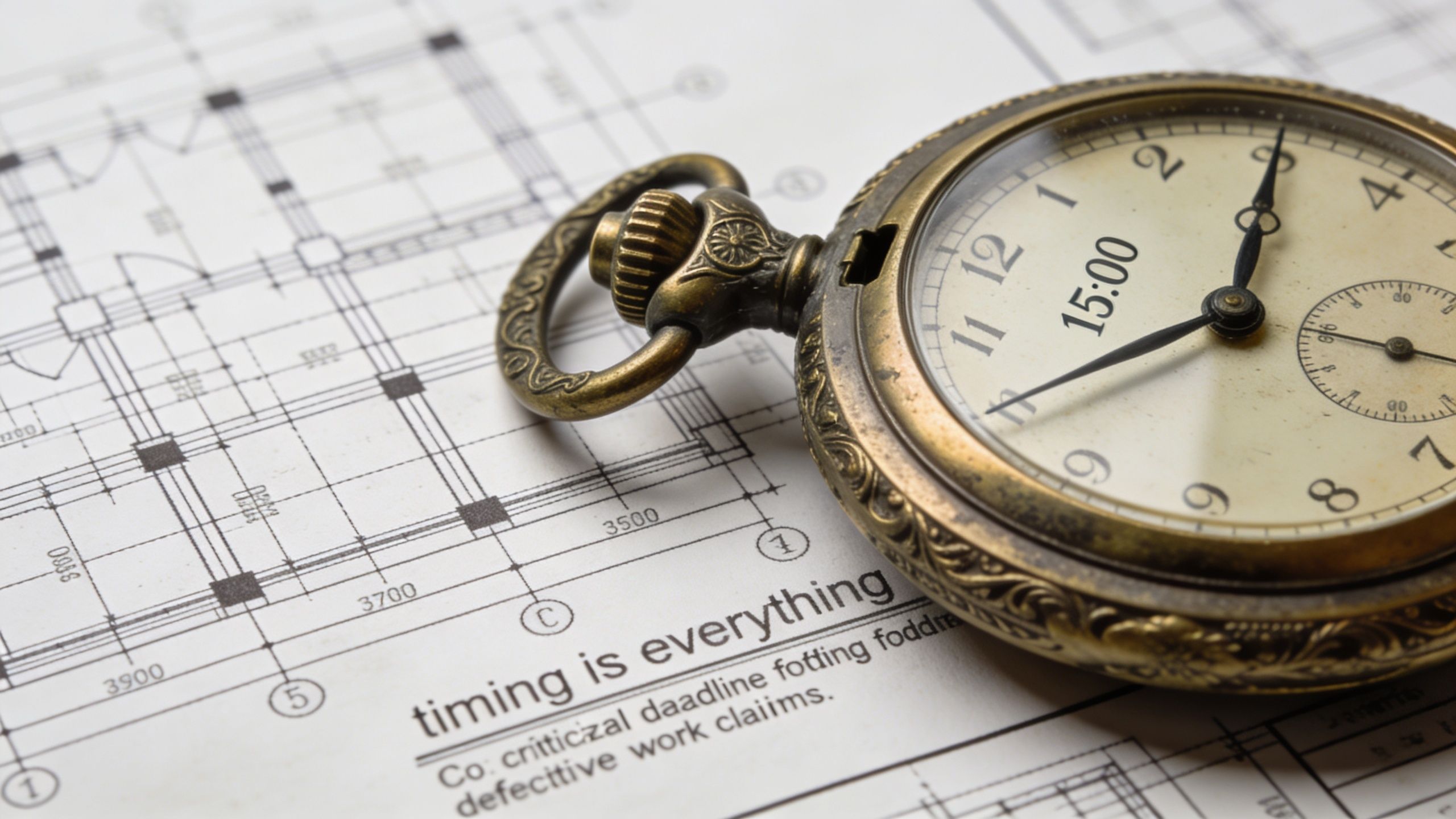 An antique pocket watch resting on a structural blueprint with the text timing is everything written below.