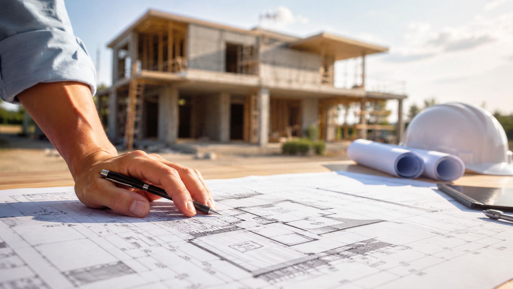 An architect reviews house blueprints on a table with a construction site in the blurred background.
