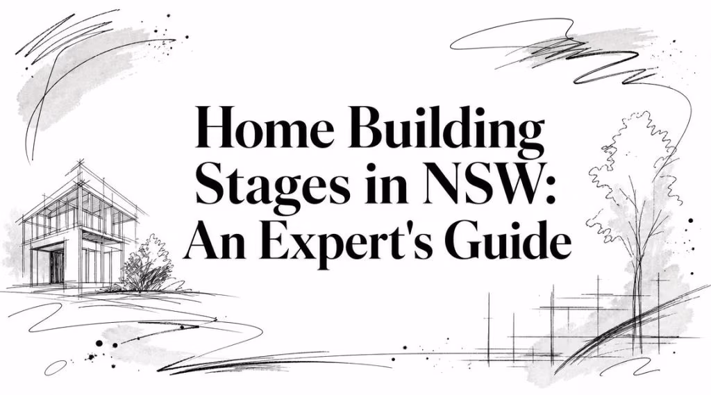 Sketch of a house under construction with abstract lines; title reads 'Home Building Stages in NSW: An Expert's Guide'.