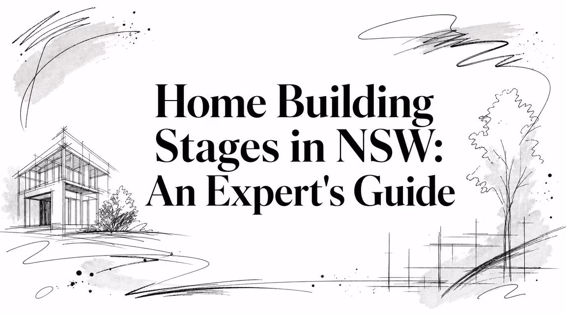 Sketch of a house under construction with abstract lines; title reads 'Home Building Stages in NSW: An Expert's Guide'.