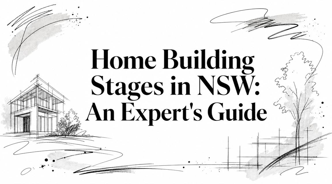 Sketch of a house under construction with abstract lines; title reads 'Home Building Stages in NSW: An Expert's Guide'.