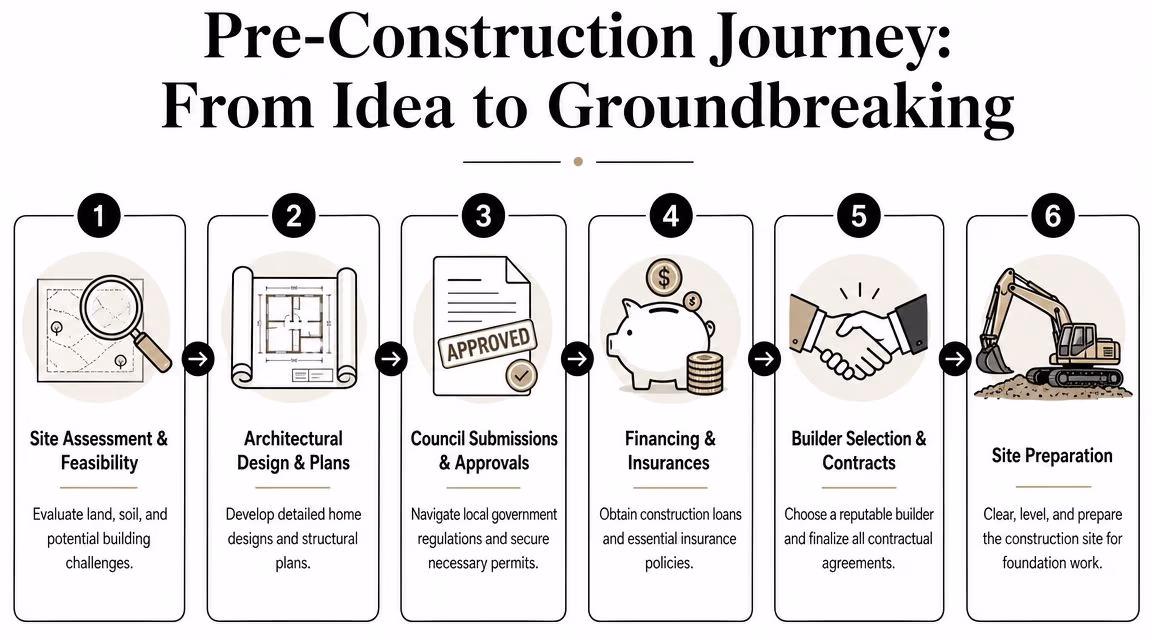 A six-step infographic showing the pre-construction home building process from site assessment to final site preparation.