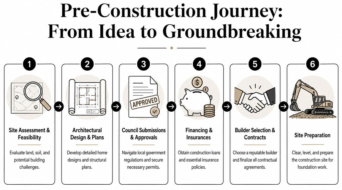 A six-step infographic showing the pre-construction home building process from site assessment to final site preparation.