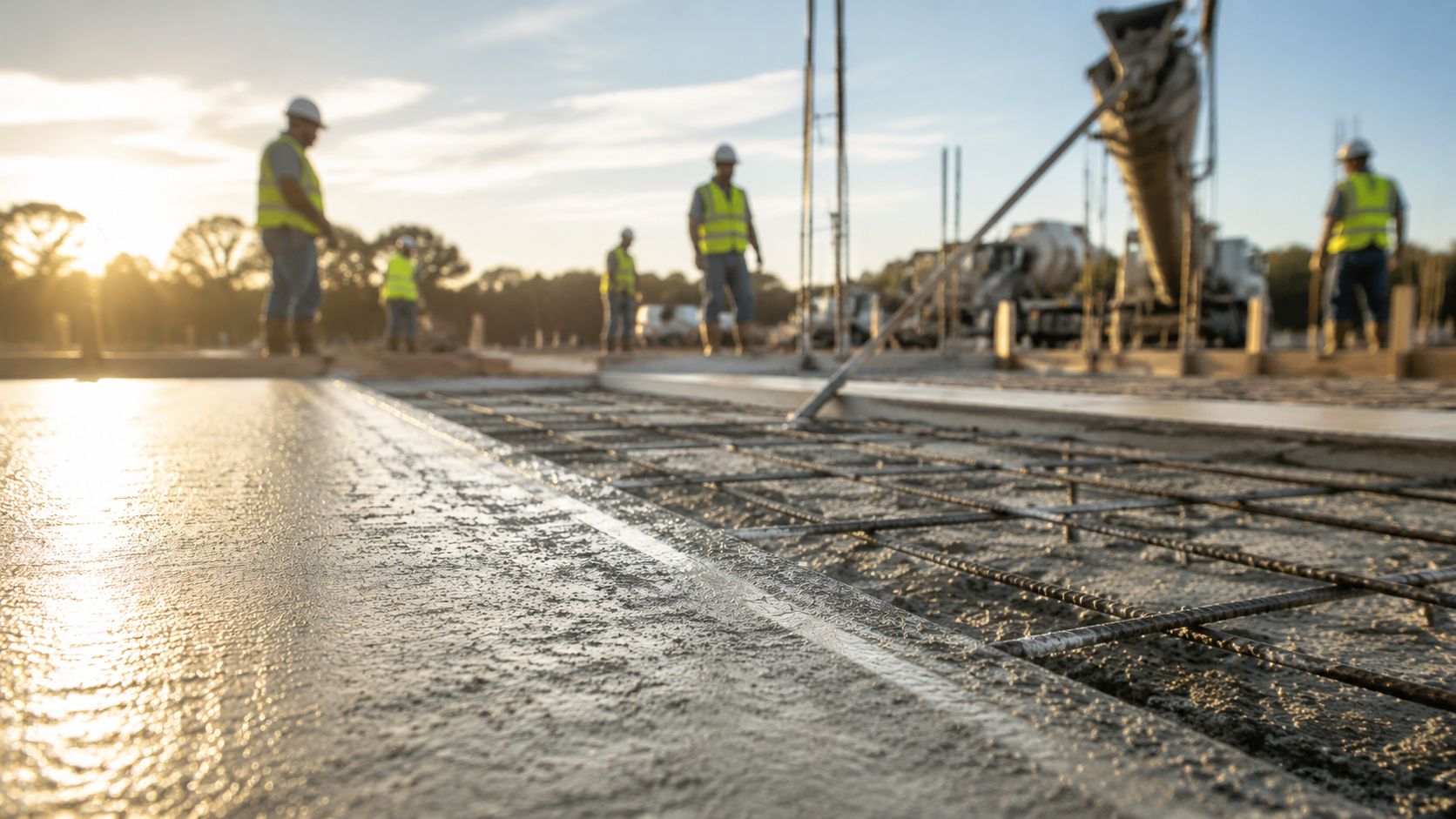 Construction workers preparing a site for concrete pouring during the sunrise at a residential building project.