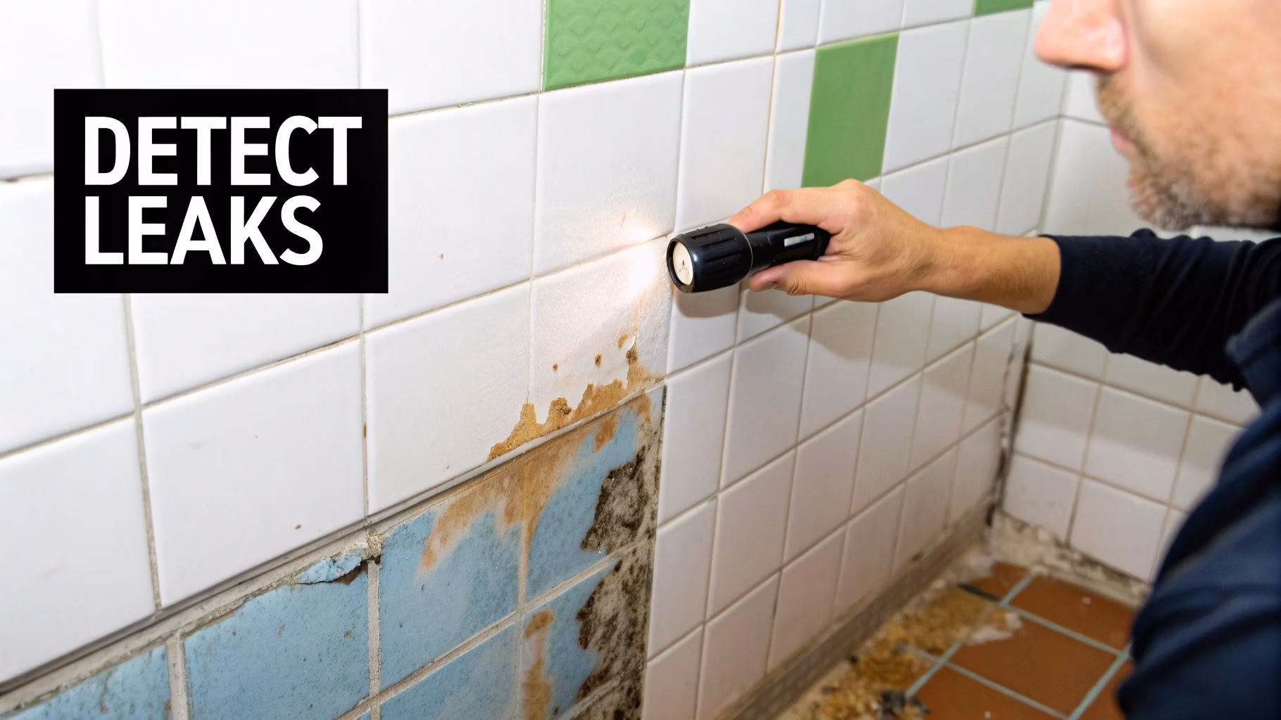 Leaky bathroom wall showing efflorescence