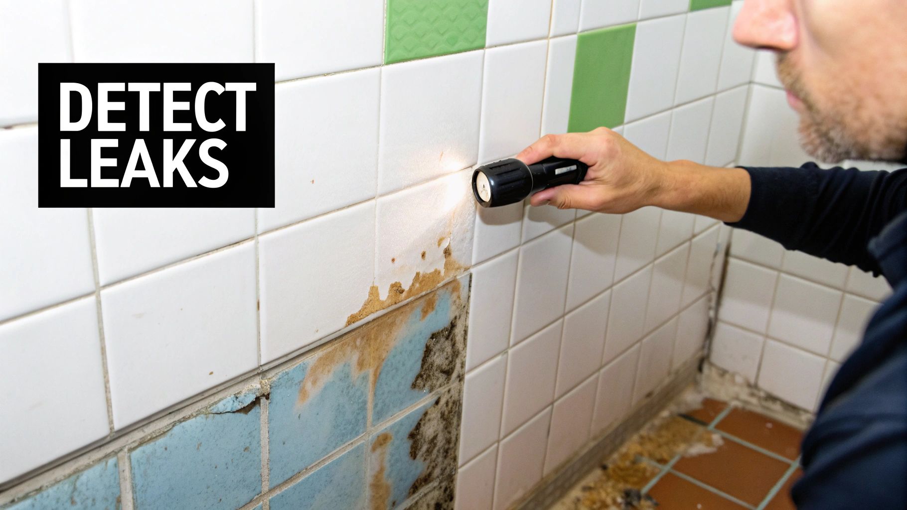 Leaky bathroom wall showing efflorescence