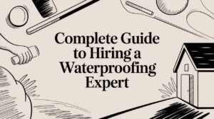 Banner with the title 'Complete Guide to Hiring a Waterproofing Expert' and line drawings of tools and a house on the right.