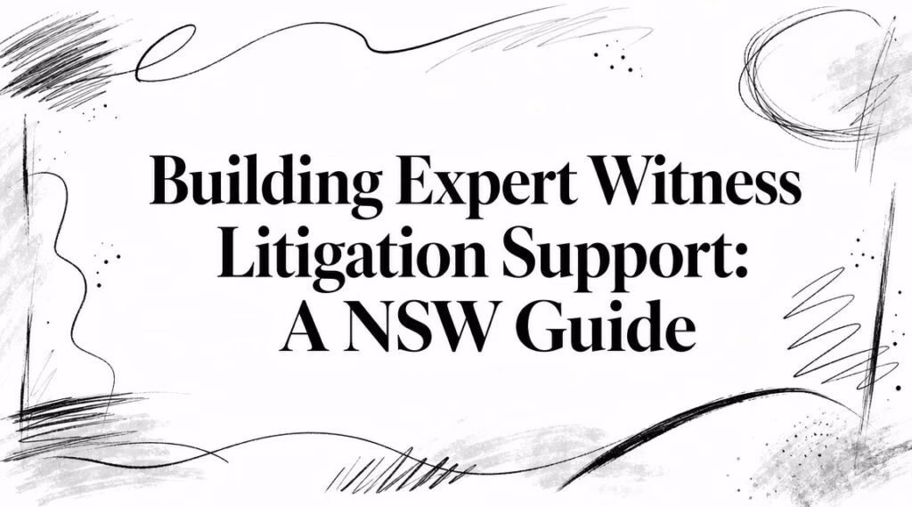 Banner with the title 'Building Expert Witness Litigation Support: A NSW Guide' and abstract ink doodles around the edges