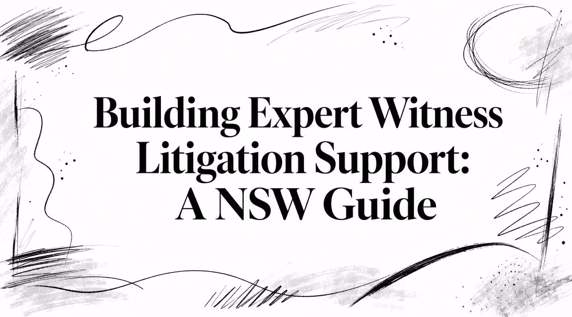 Banner with the title 'Building Expert Witness Litigation Support: A NSW Guide' and abstract ink doodles around the edges
