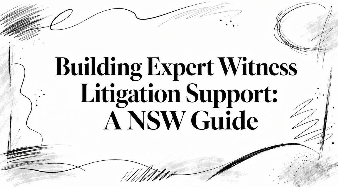 Banner with the title 'Building Expert Witness Litigation Support: A NSW Guide' and abstract ink doodles around the edges