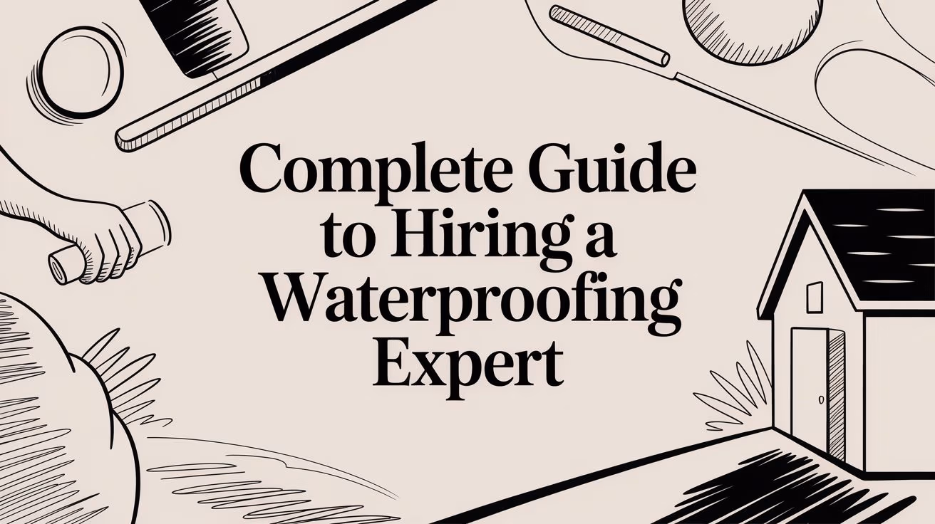 Banner with the title 'Complete Guide to Hiring a Waterproofing Expert' and line drawings of tools and a house on the right.