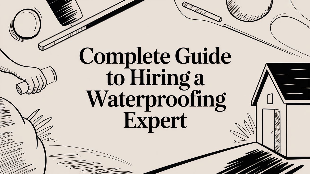 Banner with the title 'Complete Guide to Hiring a Waterproofing Expert' and line drawings of tools and a house on the right.