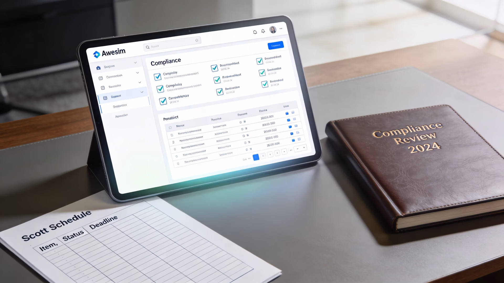 A tablet displaying a compliance dashboard next to a 2024 compliance review notebook and schedule document.