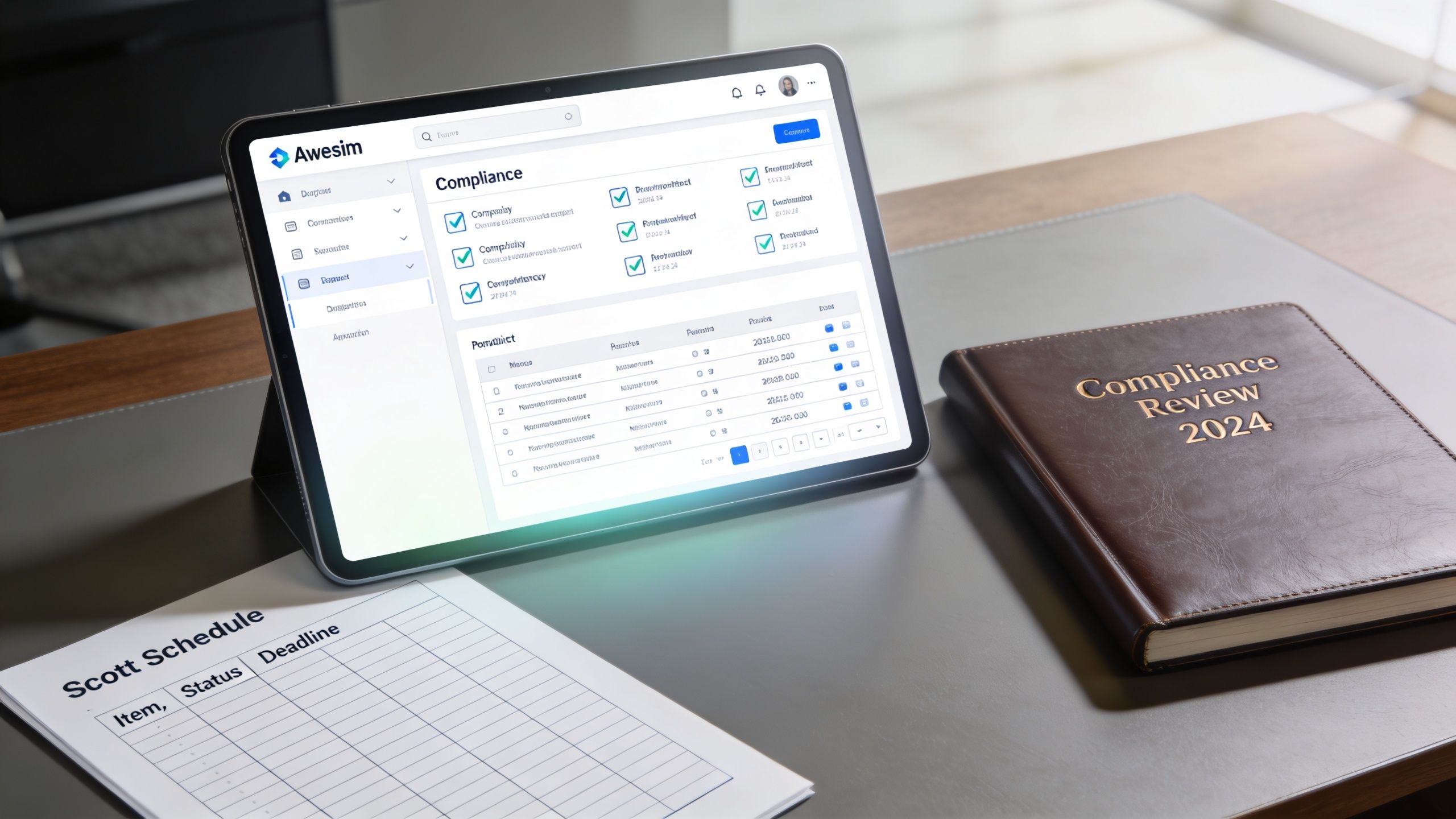 A tablet displaying a compliance dashboard next to a 2024 compliance review notebook and schedule document.