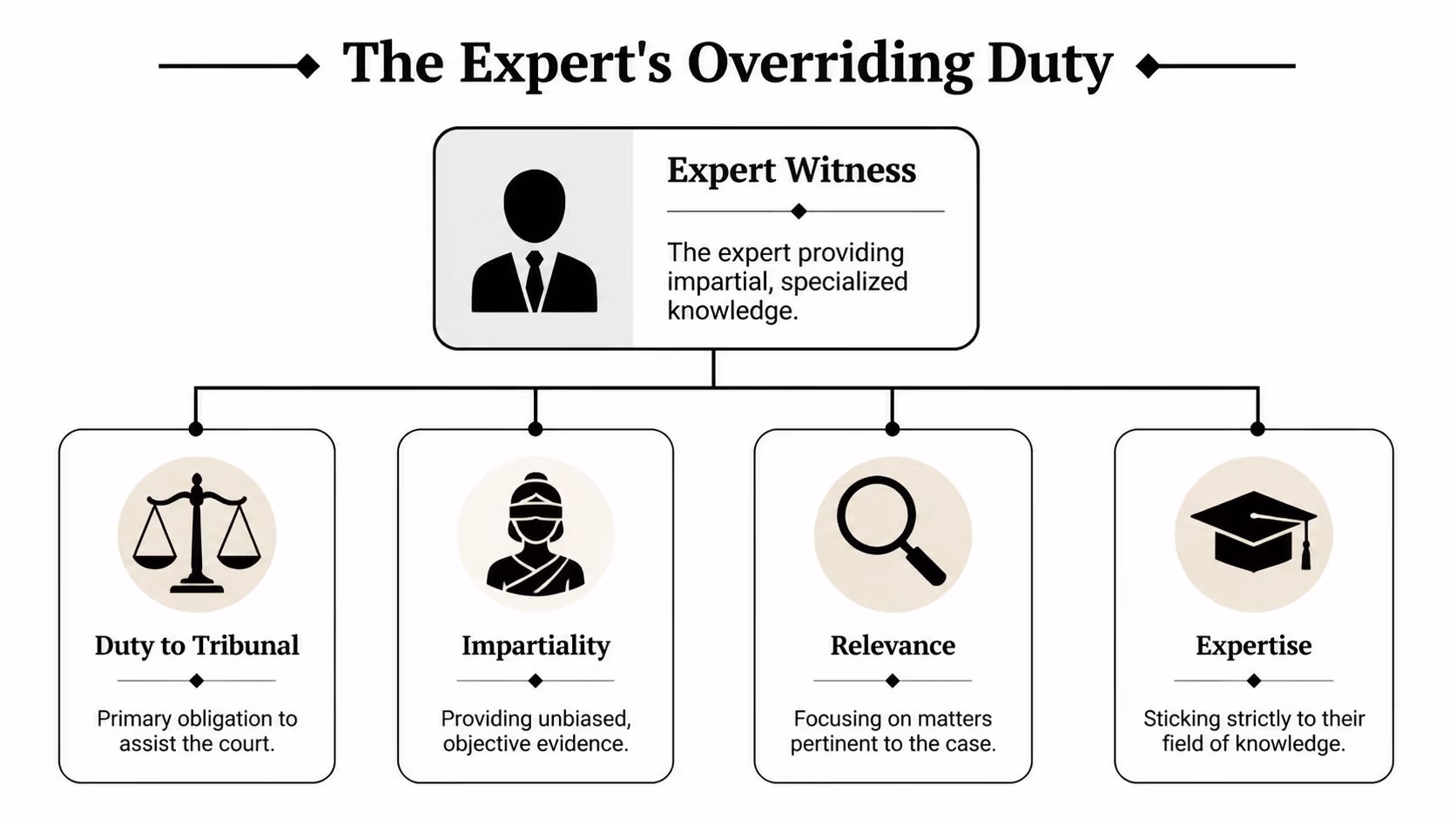 A diagram illustrating the four key duties of an expert witness: tribunal duty, impartiality, relevance, and expertise.