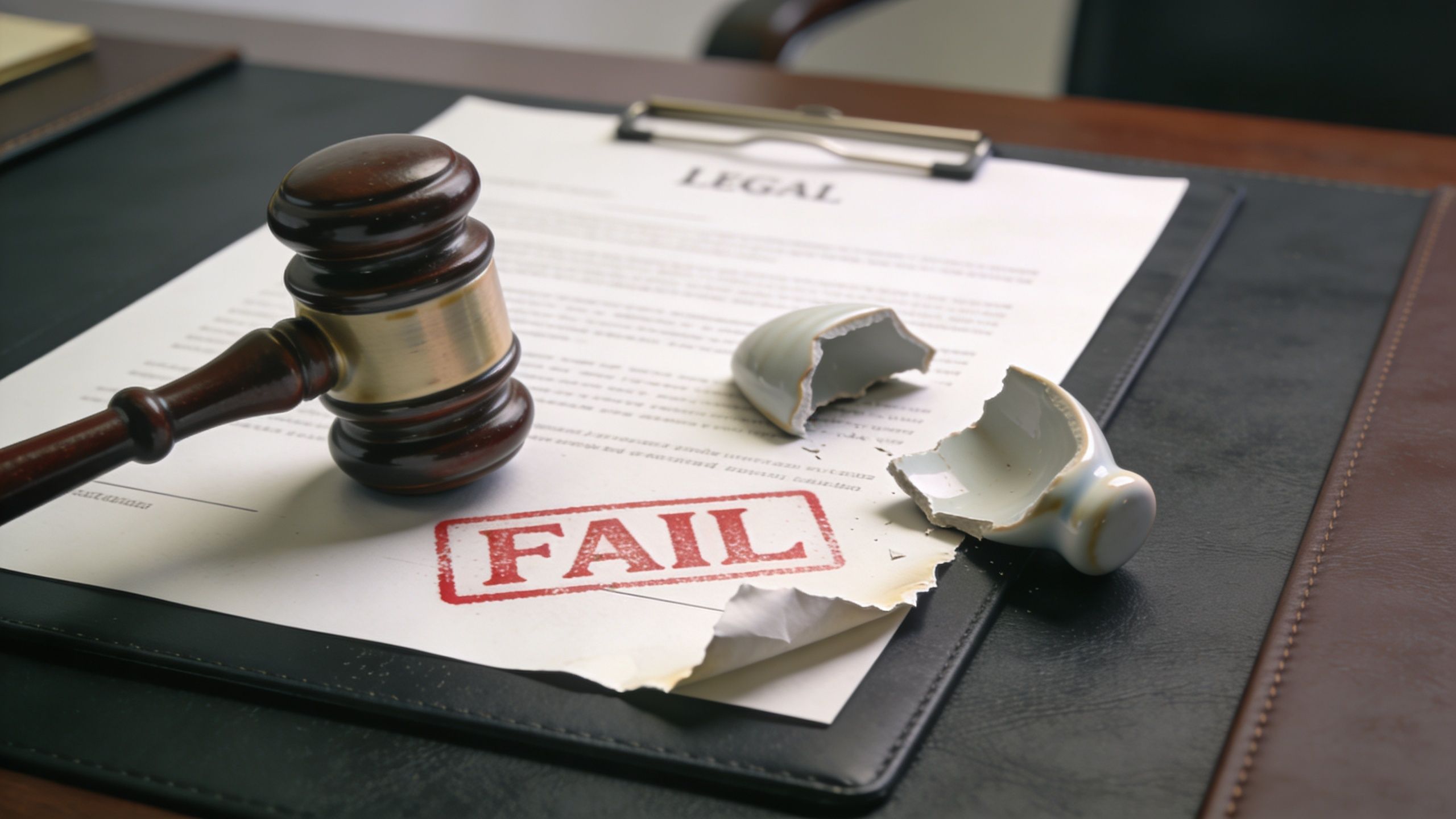 A wooden judge gavel and a broken ceramic object sit on a legal document marked with fail.