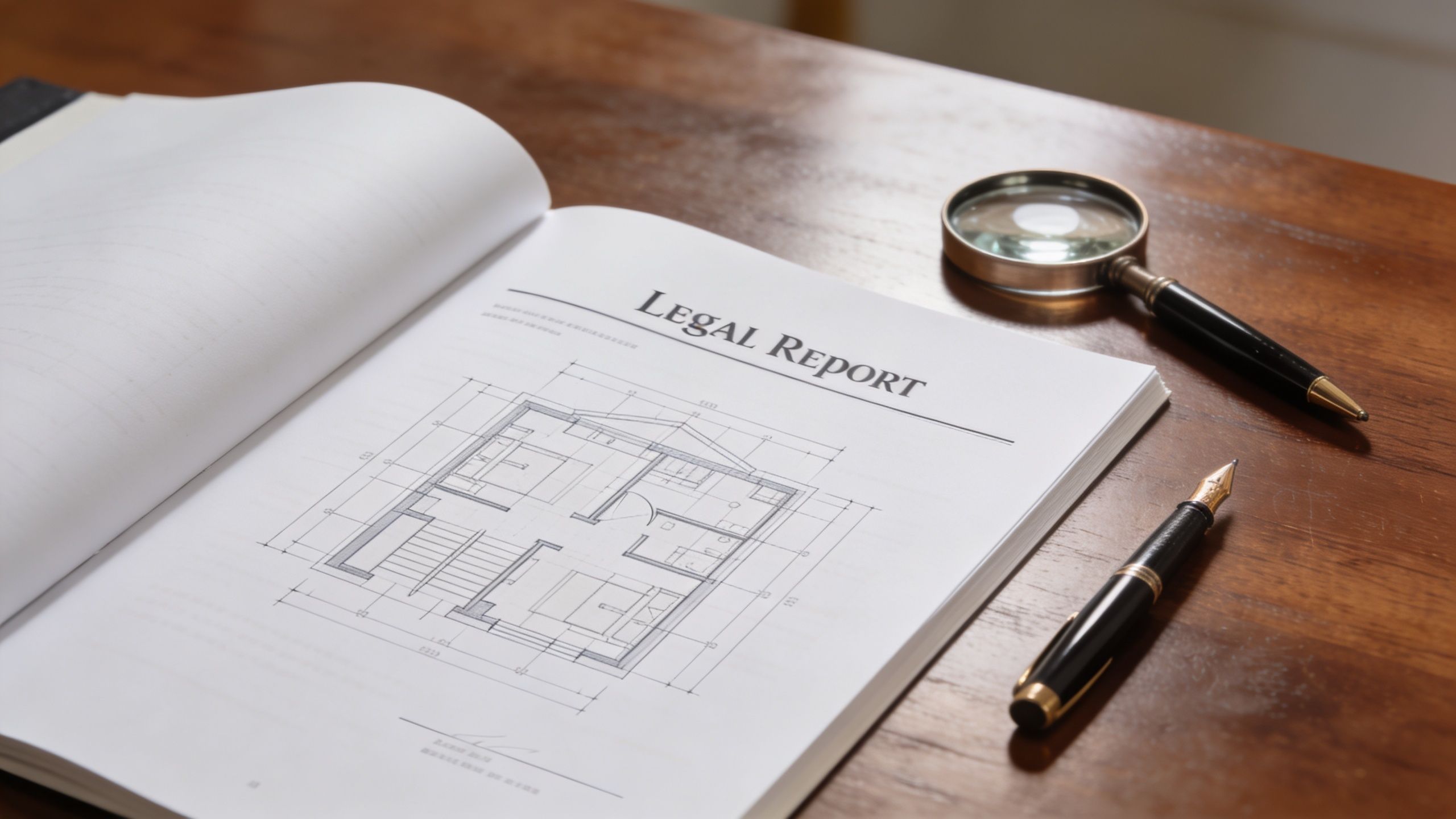 A legal report document featuring a house floor plan with a magnifying glass and fountain pen.