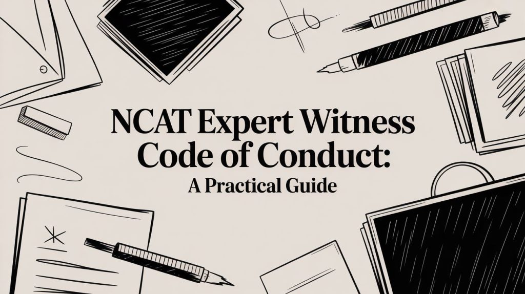 Banner with doodle desk items framing the title: NCAT Expert Witness Code of Conduct: A Practical Guide.