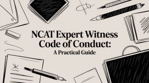 Banner with doodle desk items framing the title: NCAT Expert Witness Code of Conduct: A Practical Guide.