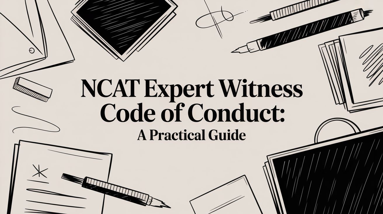 Banner with doodle desk items framing the title: NCAT Expert Witness Code of Conduct: A Practical Guide.