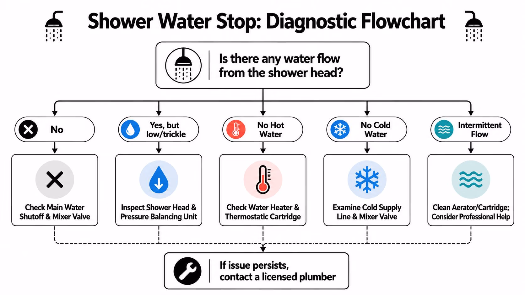 A diagnostic flowchart illustrating steps to troubleshoot and fix common shower water flow issues.