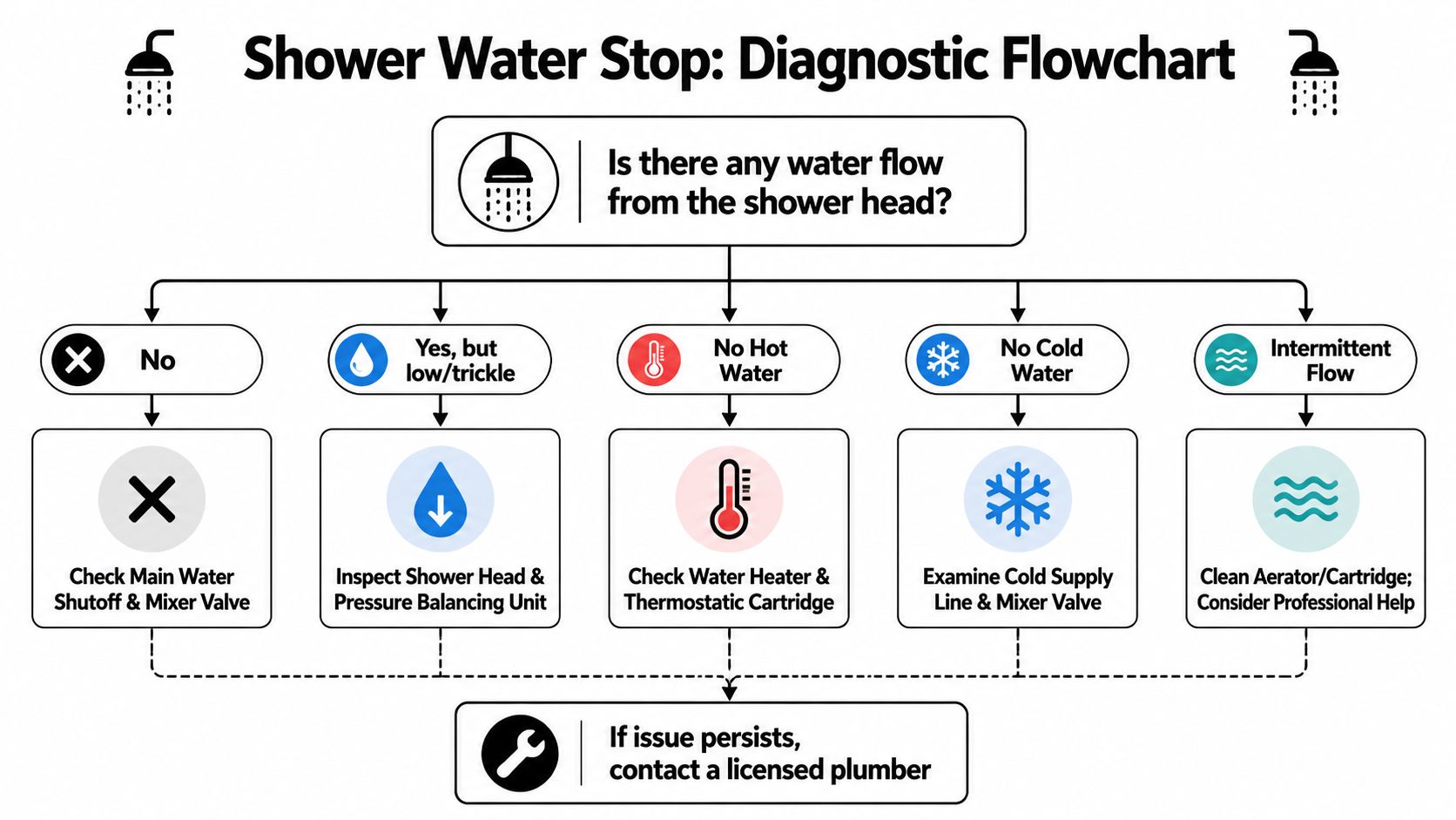 A diagnostic flowchart illustrating steps to troubleshoot and fix common shower water flow issues.