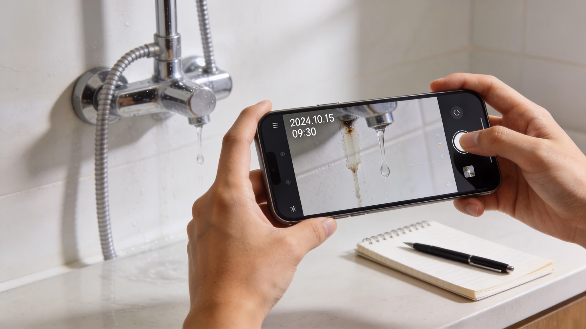 A person uses a smartphone to capture a photo of a dripping bathroom faucet needing repair.