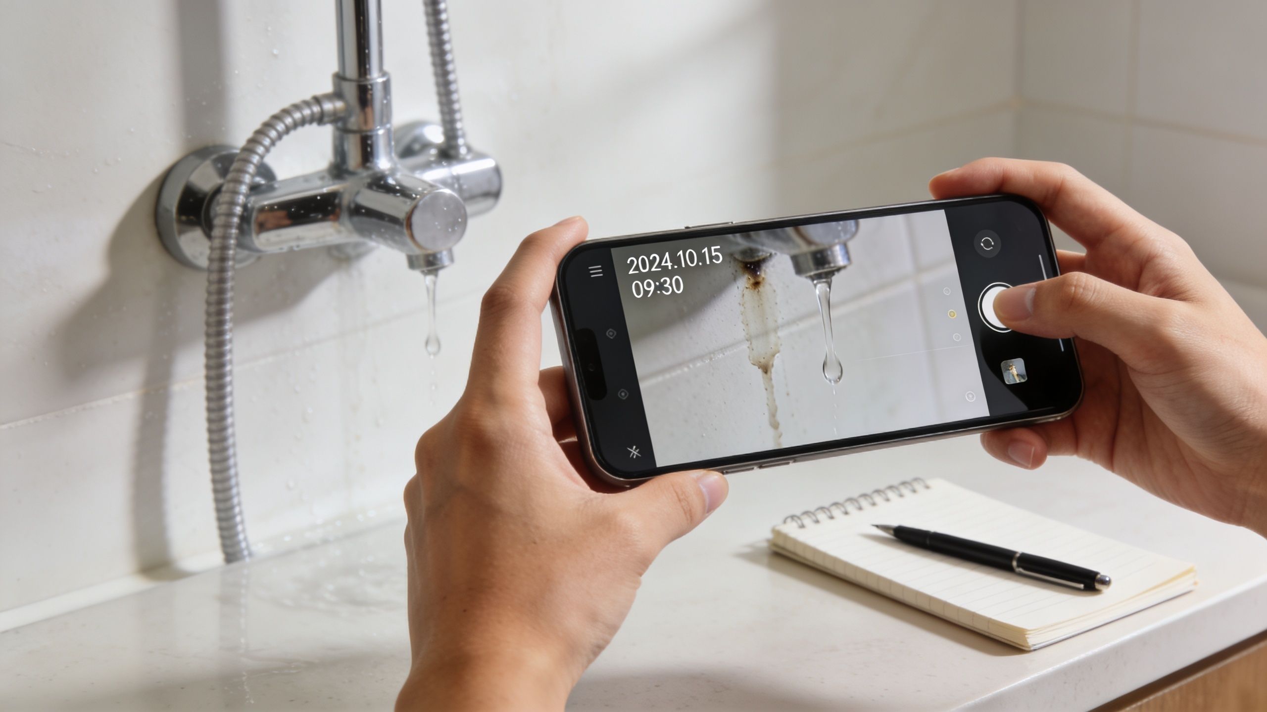 A person uses a smartphone to capture a photo of a dripping bathroom faucet needing repair.
