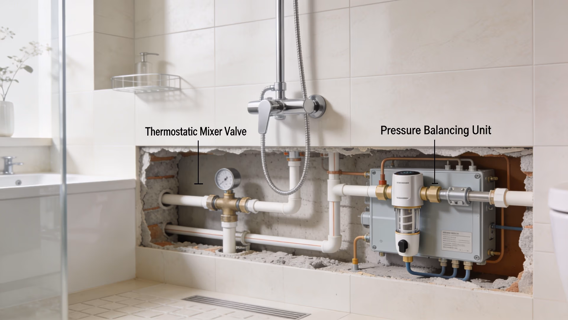 A bathroom wall cut open revealing pipes, a thermostatic mixer valve, and a pressure balancing unit.