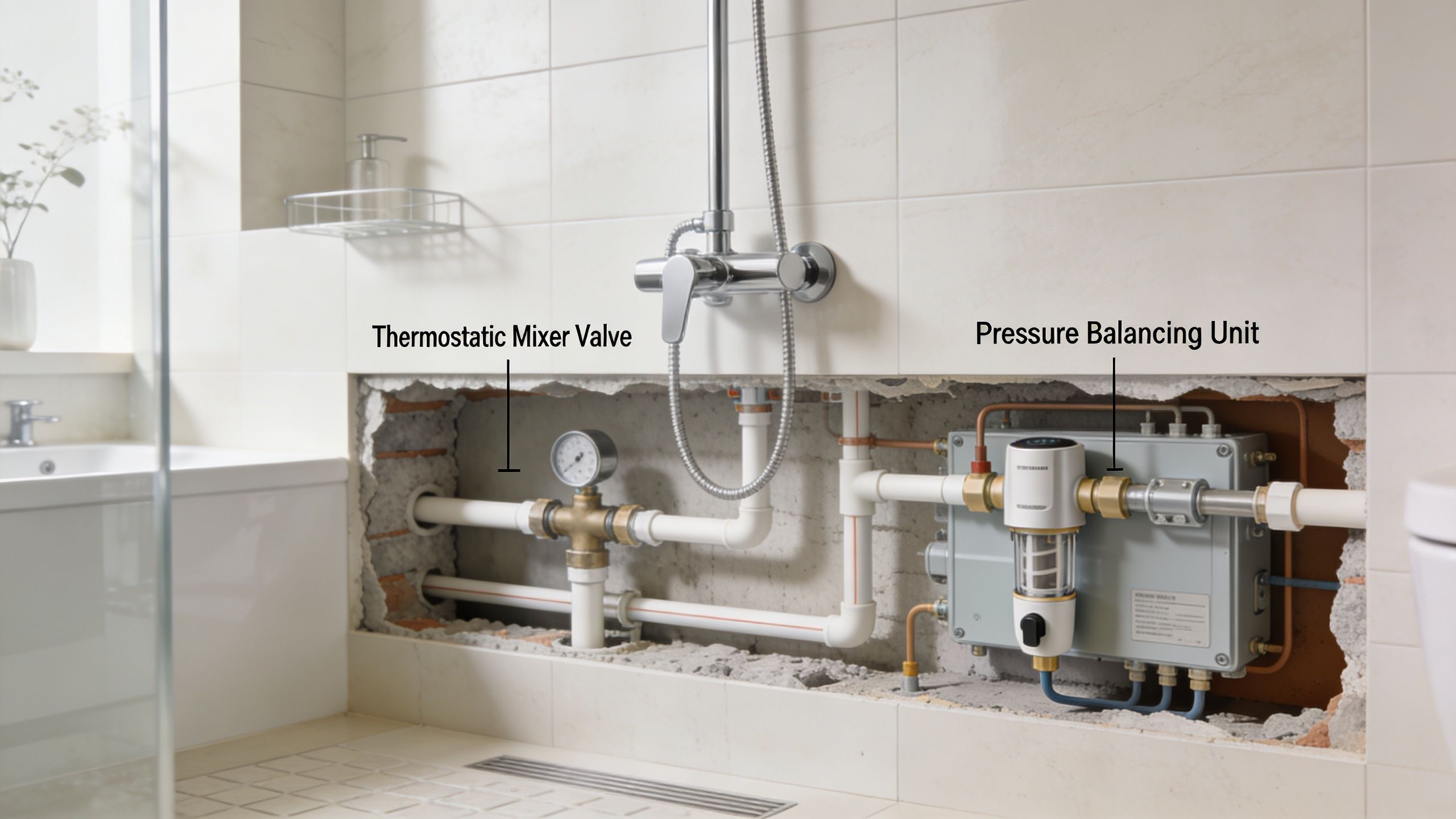 A bathroom wall cut open revealing pipes, a thermostatic mixer valve, and a pressure balancing unit.