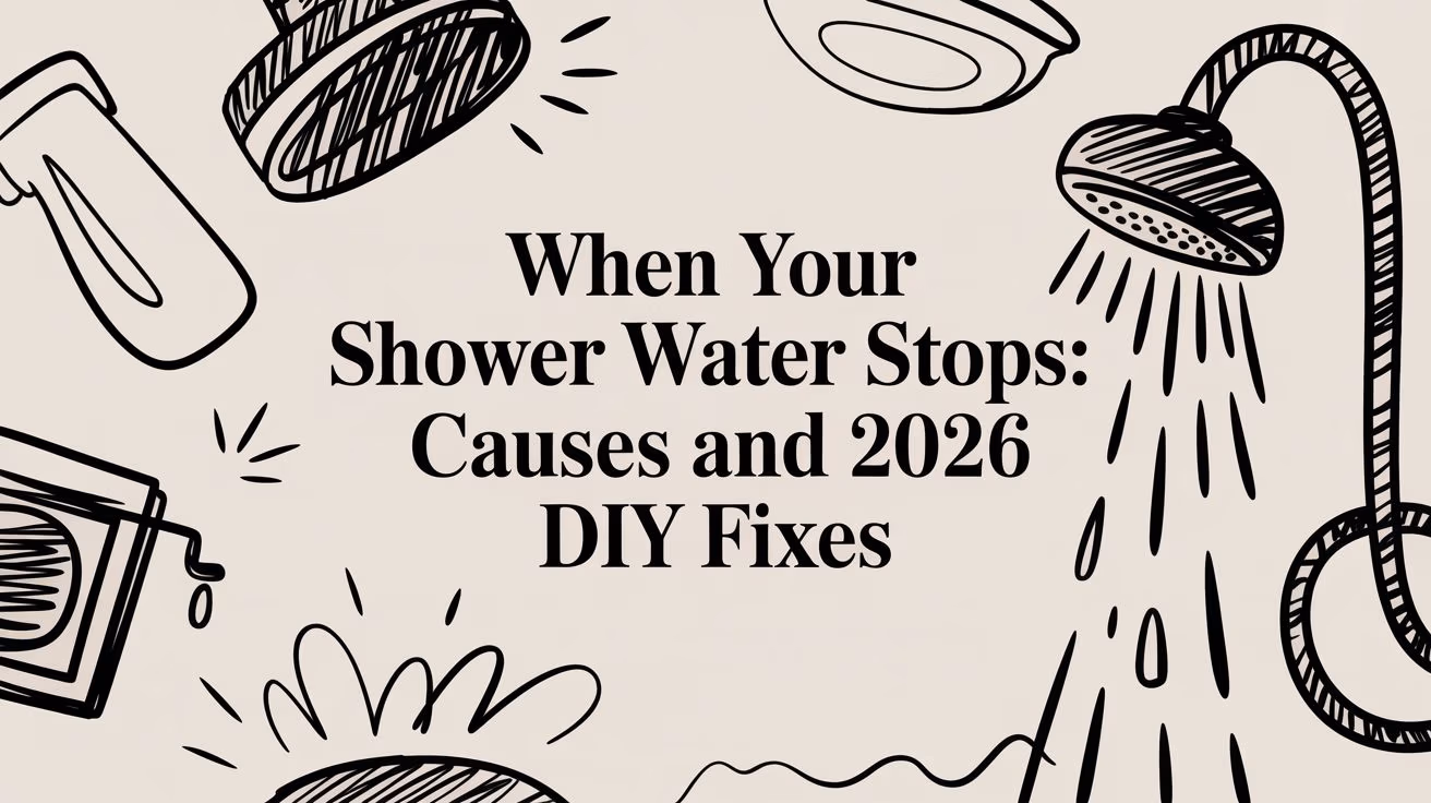 Centered title card reads: 'When Your Shower Water Stops: Causes and 2026 DIY Fixes' with black doodle bathroom icons around it (showerhead, faucet, tub toys).