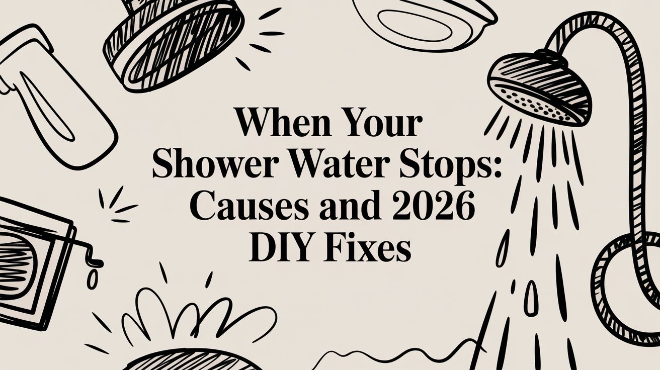 Centered title card reads: 'When Your Shower Water Stops: Causes and 2026 DIY Fixes' with black doodle bathroom icons around it (showerhead, faucet, tub toys).