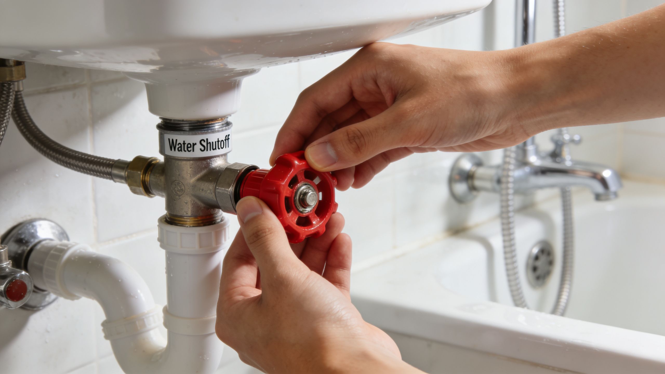 A person uses their hands to turn the red water shutoff valve on a bathroom sink plumbing.