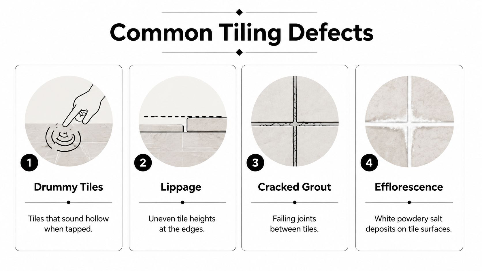 An infographic displaying four common tiling defects including drummy tiles, lippage, cracked grout, and efflorescence.