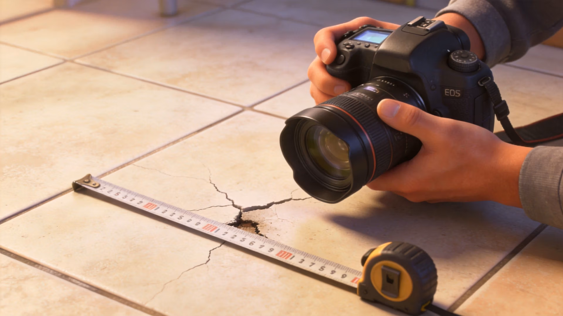 A person using a DSLR camera to photograph a crack in a tiled floor next to a tape measure.